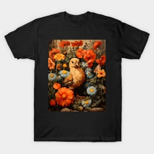 Retro Vintage Art Style Baby Chick in Field of Wild Flowers - Whimsical Farm T-Shirt